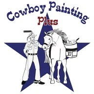 Cowboy Painting Plus logo: a cowboy with a paint roller beside a horse, on a navy star